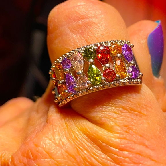 Stunning sterling silver 925 ring,filigree band,multicolored sparkling crystals - Picture 5 of 13